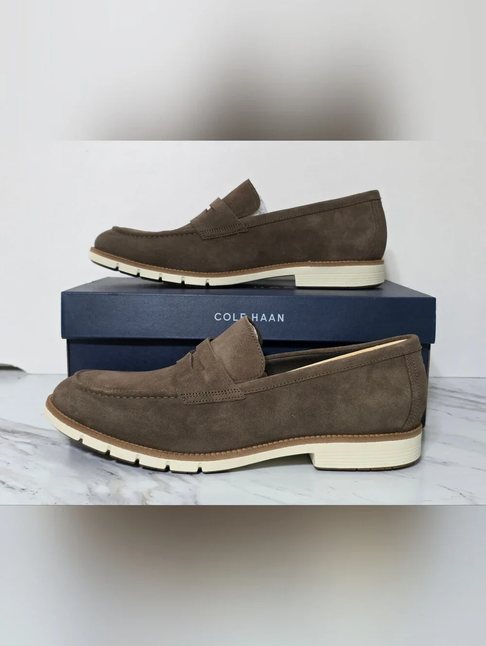 Cole Haan Brown Suede Penny Loafers with Cream Sole